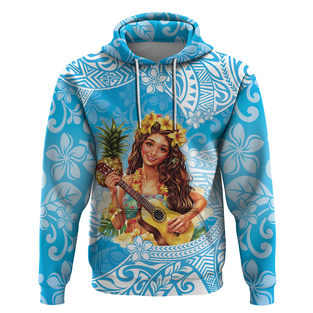 Aloha Hawaii Women's Day Hoodie Hula Girl With Ukulele Tropical Style LT14 Pullover Hoodie Blue - Polynesian Pride