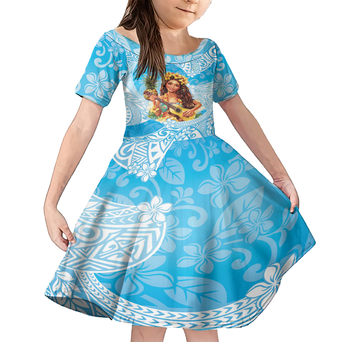 Aloha Hawaii Women's Day Kid Short Sleeve Dress Hula Girl With Ukulele Tropical Style LT14 KID Blue - Polynesian Pride