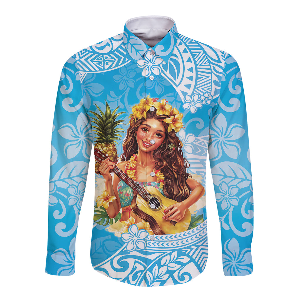 Aloha Hawaii Women's Day Long Sleeve Button Shirt Hula Girl With Ukulele Tropical Style LT14 Unisex Blue - Polynesian Pride