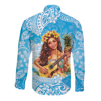 Aloha Hawaii Women's Day Long Sleeve Button Shirt Hula Girl With Ukulele Tropical Style LT14 - Polynesian Pride