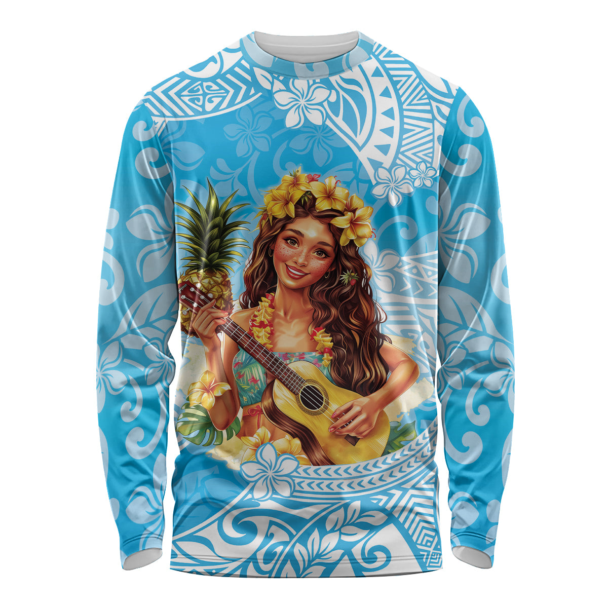 Aloha Hawaii Women's Day Long Sleeve Shirt Hula Girl With Ukulele Tropical Style LT14 Unisex Blue - Polynesian Pride