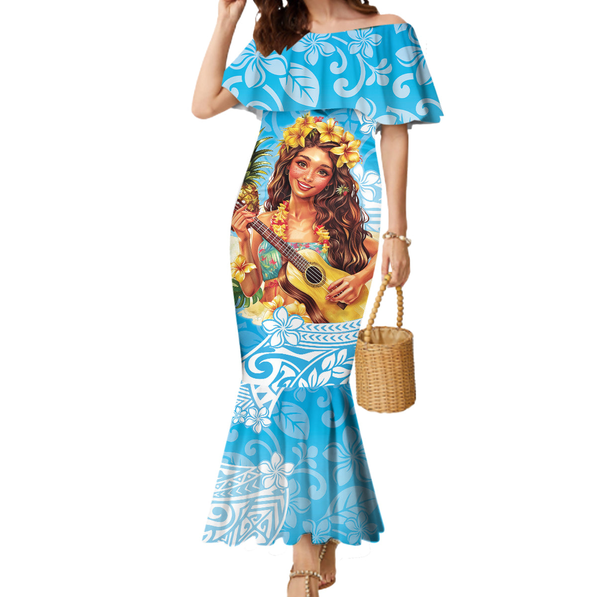 Aloha Hawaii Women's Day Mermaid Dress Hula Girl With Ukulele Tropical Style LT14 Women Blue - Polynesian Pride