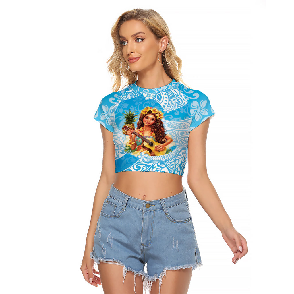 Aloha Hawaii Women's Day Raglan Cropped T Shirt Hula Girl With Ukulele Tropical Style LT14 Female Blue - Polynesian Pride