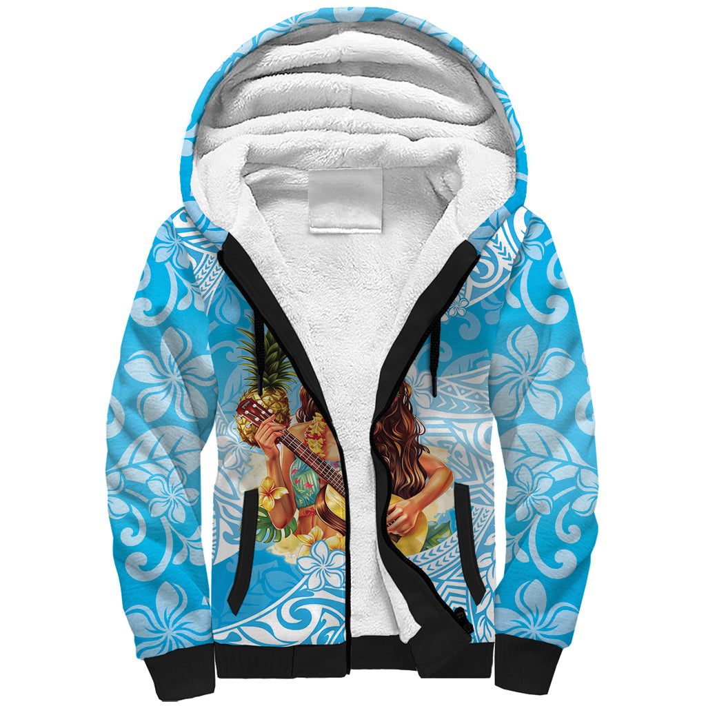 Aloha Hawaii Women's Day Sherpa Hoodie Hula Girl With Ukulele Tropical Style LT14 Unisex Blue - Polynesian Pride