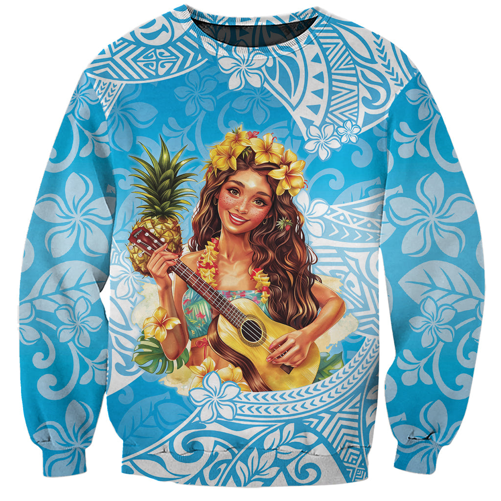 Aloha Hawaii Women's Day Sweatshirt Hula Girl With Ukulele Tropical Style LT14 Unisex Blue - Polynesian Pride