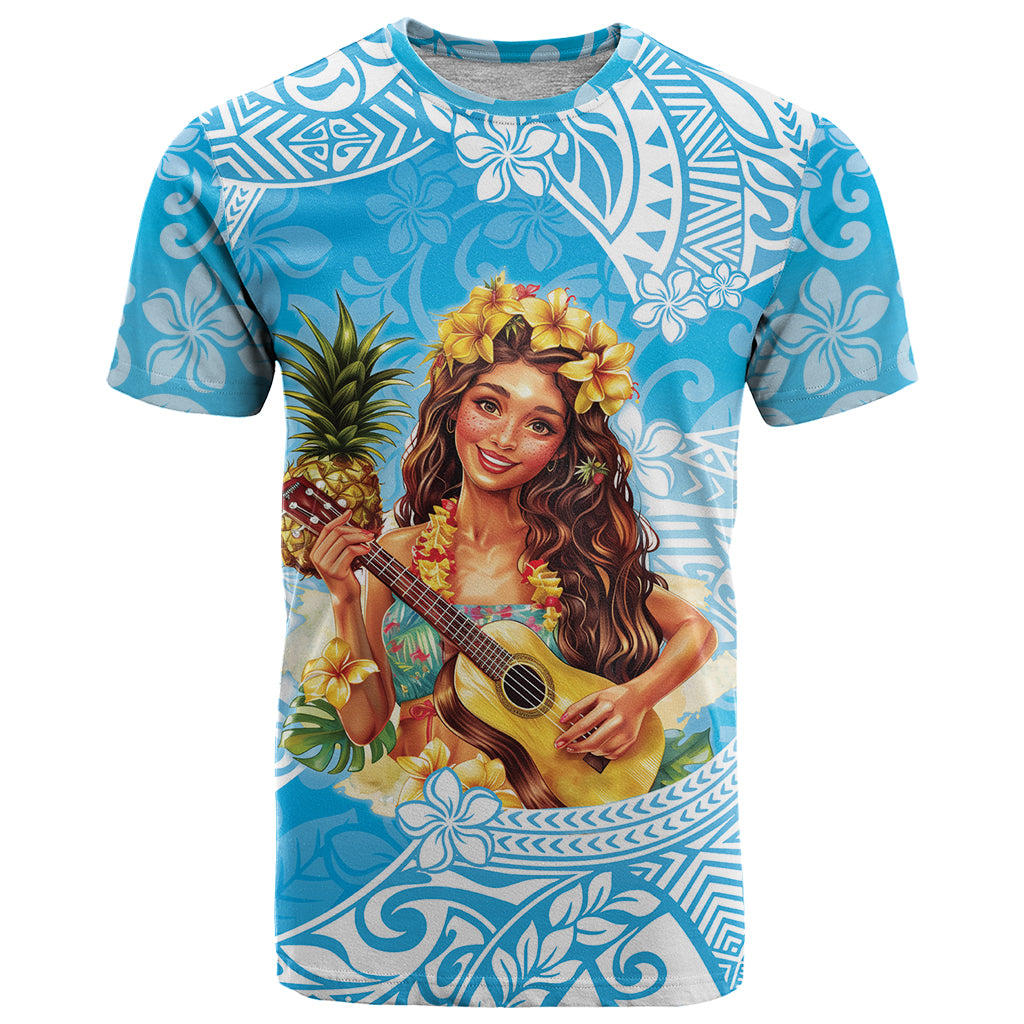 Aloha Hawaii Women's Day T Shirt Hula Girl With Ukulele Tropical Style LT14 Blue - Polynesian Pride