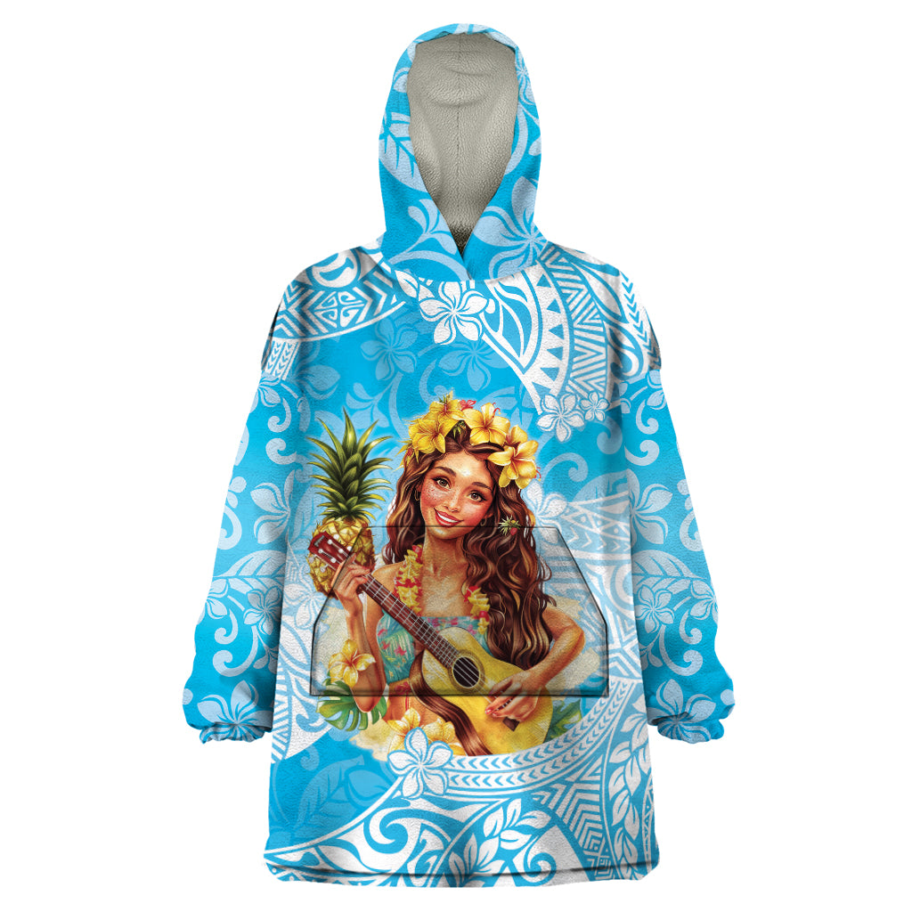 Aloha Hawaii Women's Day Wearable Blanket Hoodie Hula Girl With Ukulele Tropical Style LT14 One Size Blue - Polynesian Pride