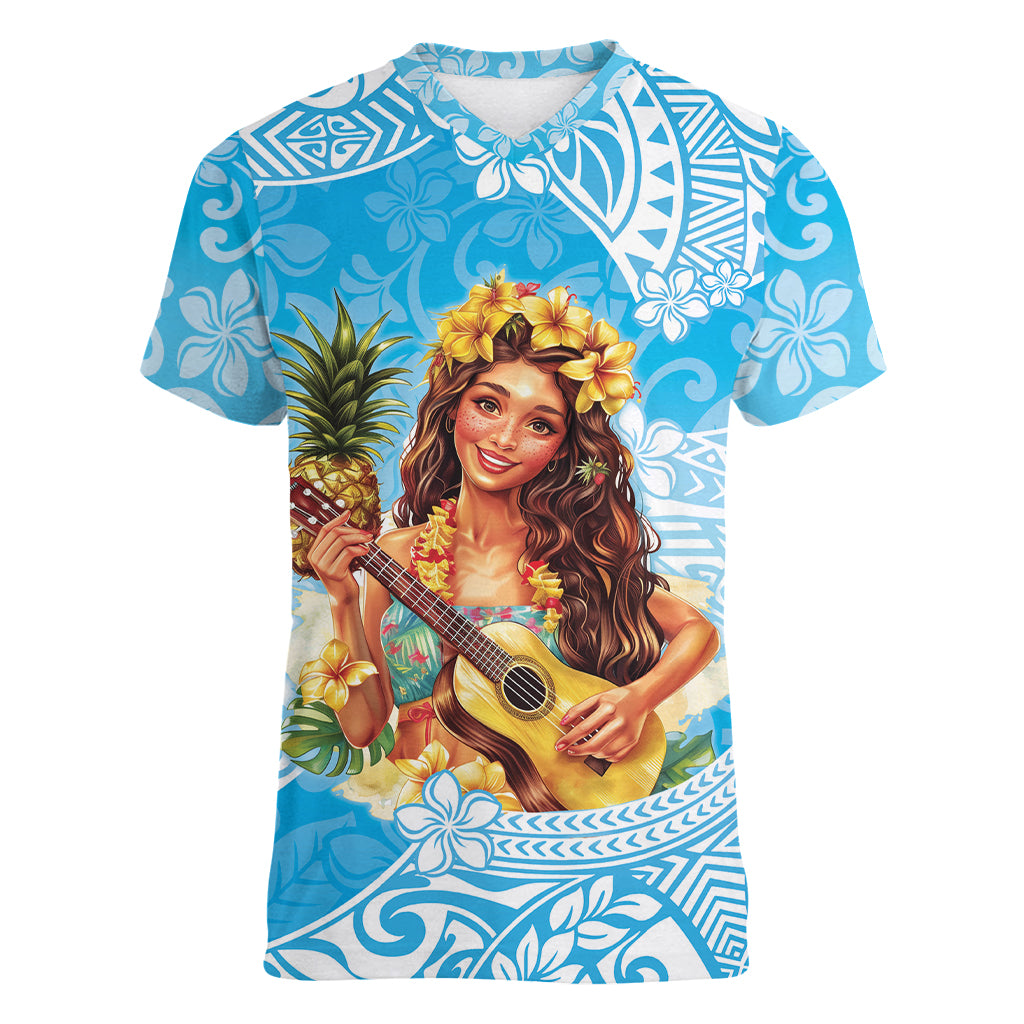 Aloha Hawaii Women's Day Women V Neck T Shirt Hula Girl With Ukulele Tropical Style LT14 Female Blue - Polynesian Pride