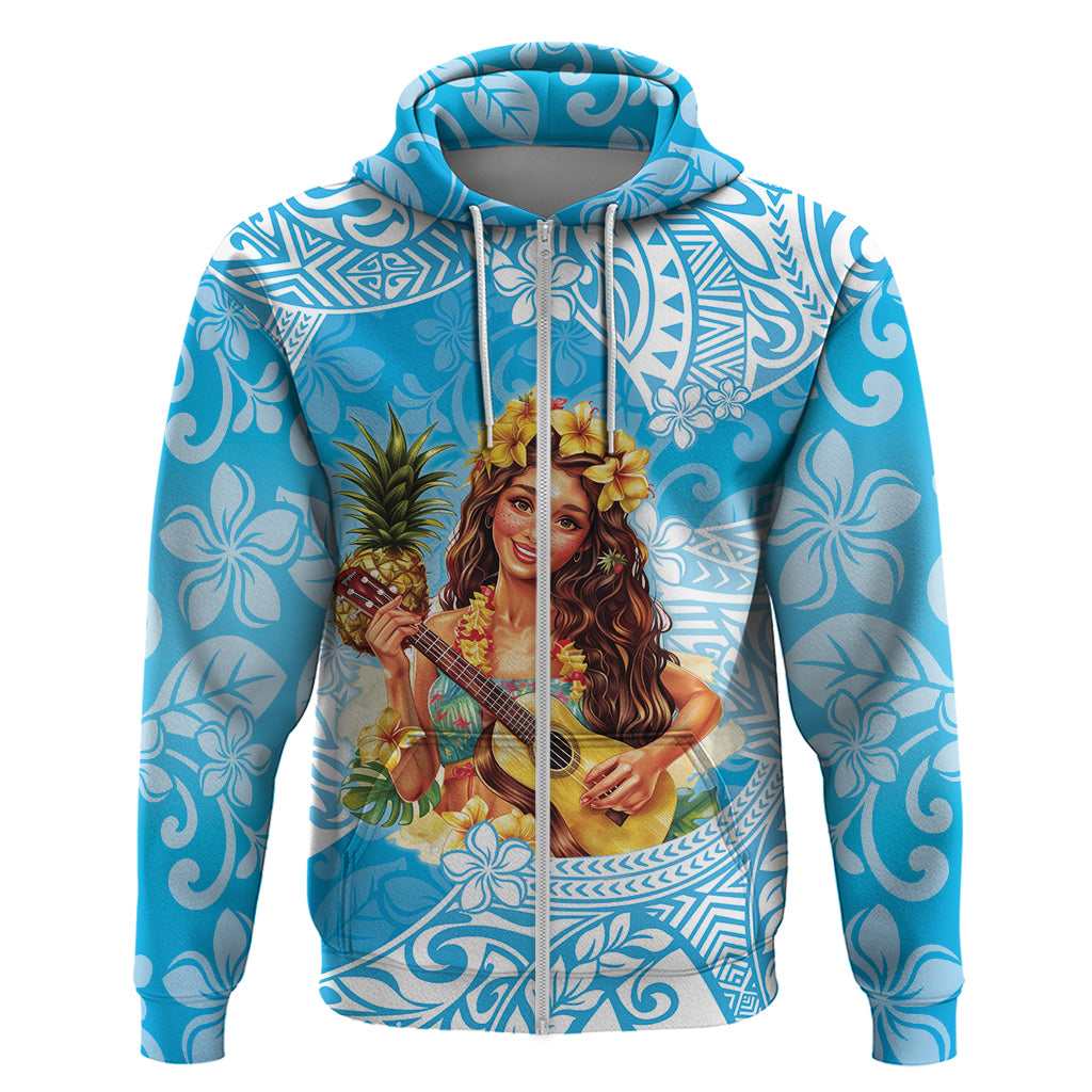 Aloha Hawaii Women's Day Zip Hoodie Hula Girl With Ukulele Tropical Style LT14 Zip Hoodie Blue - Polynesian Pride