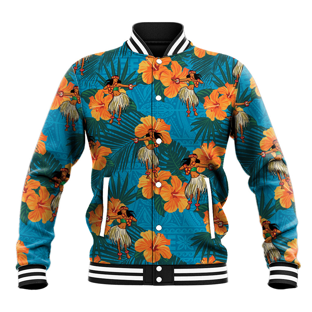 Hawaii Luau Party Baseball Jacket Dancing Girl Tropical Flowers LT14 Unisex Blue - Polynesian Pride