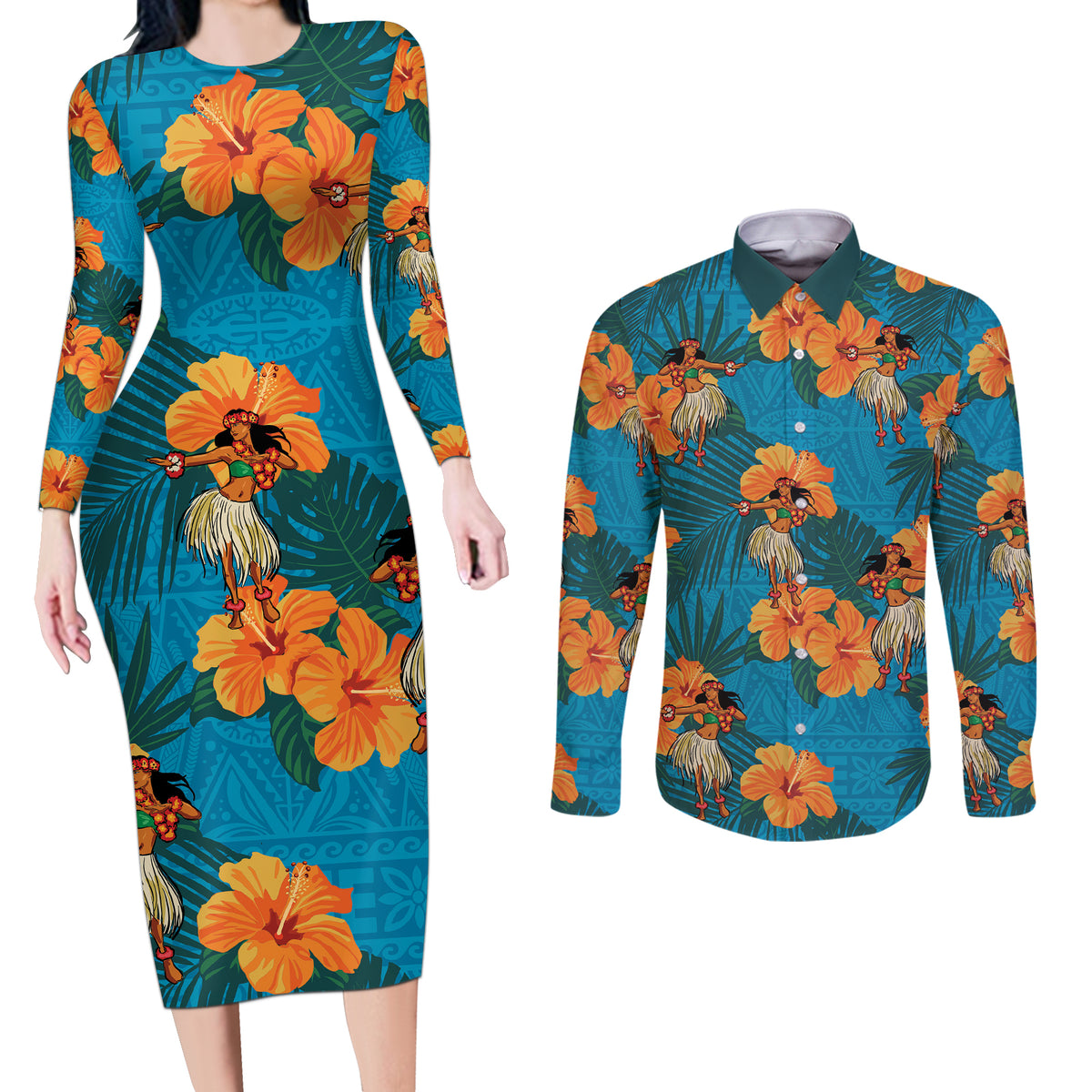 Hawaii Luau Party Couples Matching Long Sleeve Bodycon Dress and Long Sleeve Button Shirt Dancing Girl Tropical Flowers LT14 Blue - Polynesian Pride