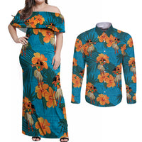 Hawaii Luau Party Couples Matching Off Shoulder Maxi Dress and Long Sleeve Button Shirt Dancing Girl Tropical Flowers LT14 Blue - Polynesian Pride