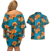 Hawaii Luau Party Couples Matching Off Shoulder Short Dress and Hawaiian Shirt Dancing Girl Tropical Flowers LT14 - Polynesian Pride