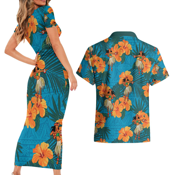 Hawaii Matching Outfit For Couples Polynesian Tribal Blue Bodycon Dress And Hawaii Shirt