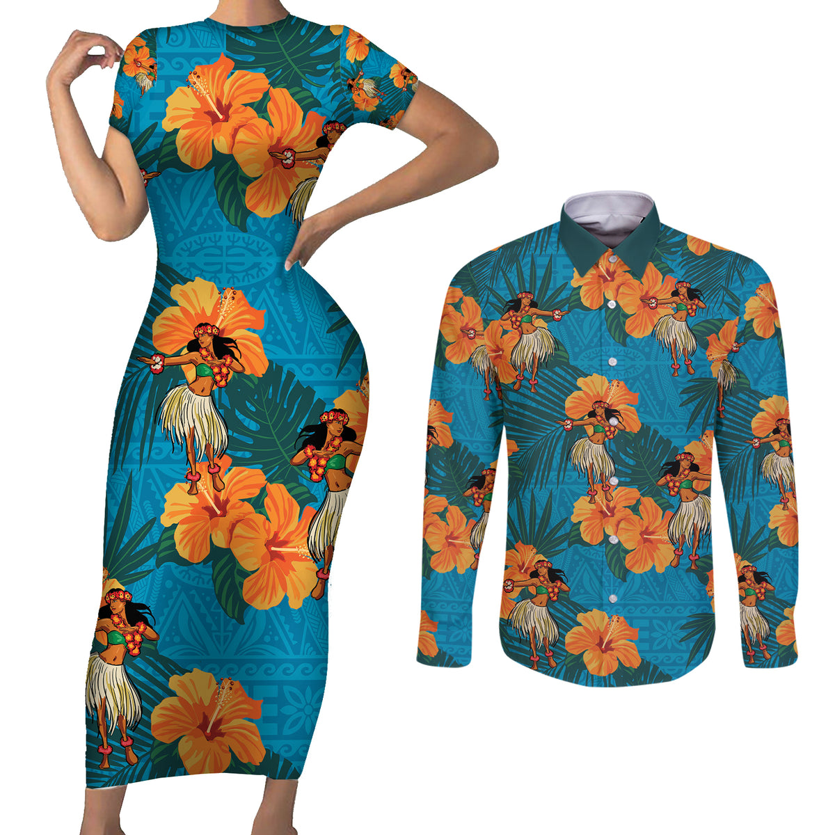 Hawaii Luau Party Couples Matching Short Sleeve Bodycon Dress and Long Sleeve Button Shirt Dancing Girl Tropical Flowers LT14 Blue - Polynesian Pride