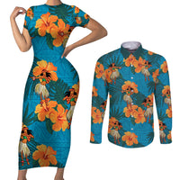 Hawaii Luau Party Couples Matching Short Sleeve Bodycon Dress and Long Sleeve Button Shirt Dancing Girl Tropical Flowers LT14 Blue - Polynesian Pride