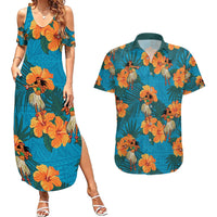 Hawaii Luau Party Couples Matching Summer Maxi Dress and Hawaiian Shirt Dancing Girl Tropical Flowers LT14 Blue - Polynesian Pride