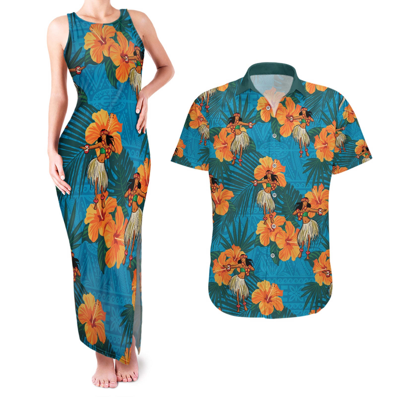 Hawaii Luau Party Couples Matching Tank Maxi Dress and Hawaiian Shirt Dancing Girl Tropical Flowers LT14 Blue - Polynesian Pride