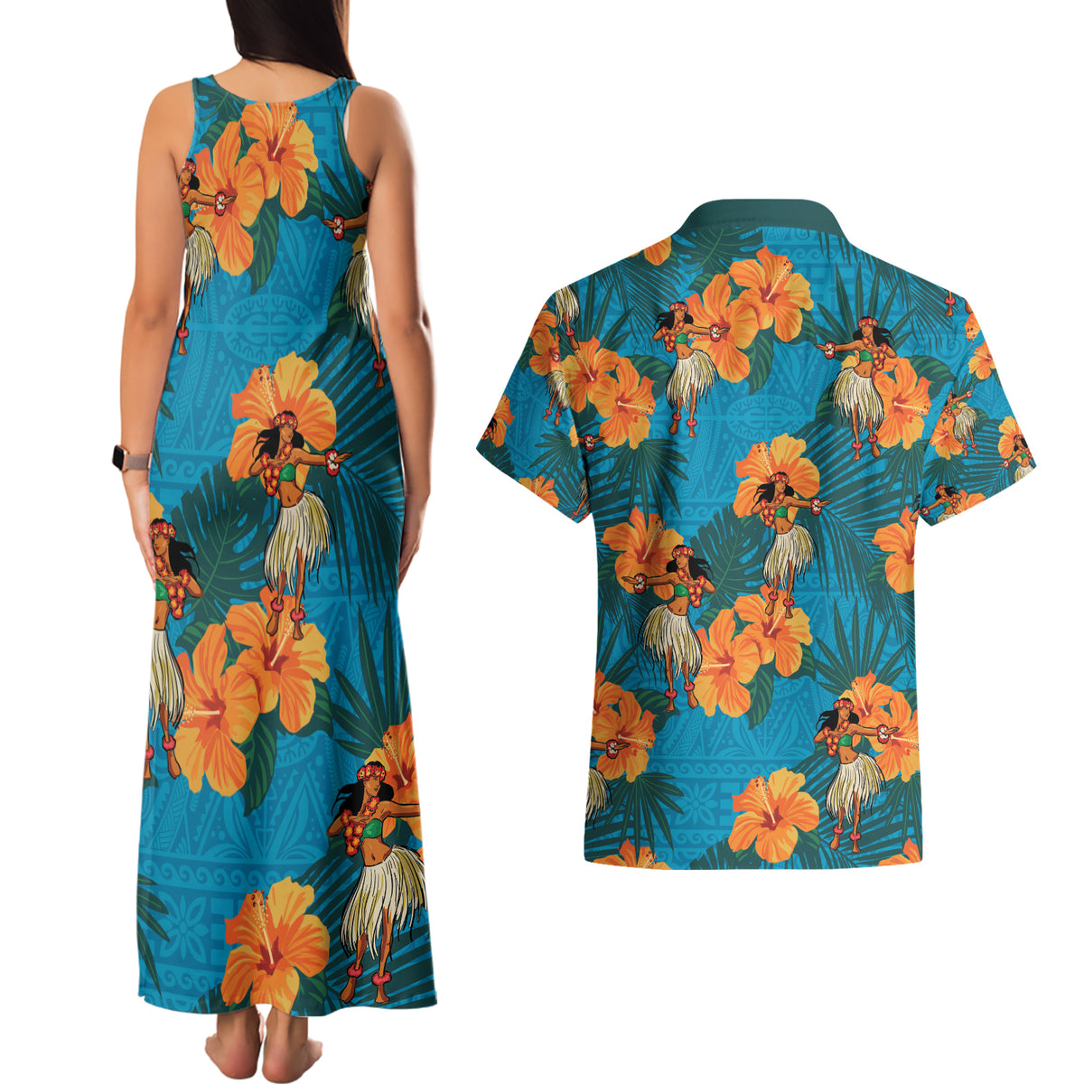 Hawaii Luau Party Couples Matching Tank Maxi Dress and Hawaiian Shirt Dancing Girl Tropical Flowers LT14 - Polynesian Pride