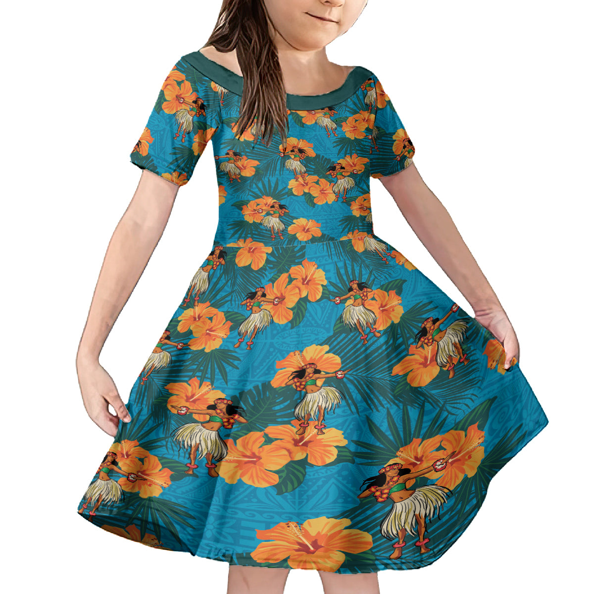 Hawaii Luau Party Family Matching Long Sleeve Bodycon Dress and Hawaiian Shirt Dancing Girl Tropical Flowers LT14 Daughter's Dress Blue - Polynesian Pride