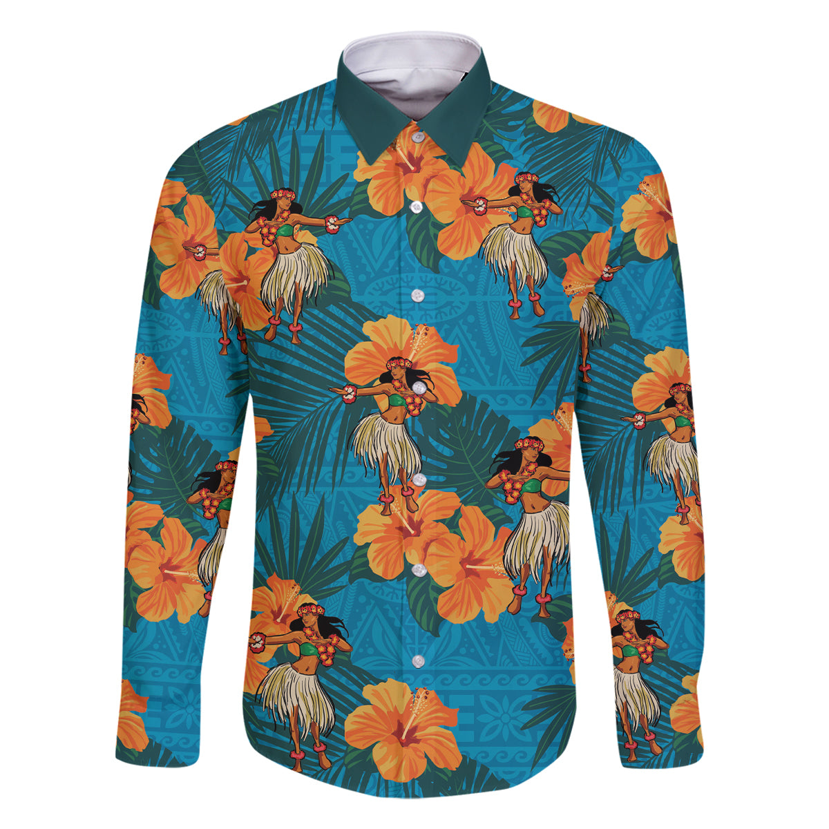 Hawaii Luau Party Family Matching Mermaid Dress and Hawaiian Shirt Dancing Girl Tropical Flowers LT14 Dad's Shirt - Long Sleeve Blue - Polynesian Pride