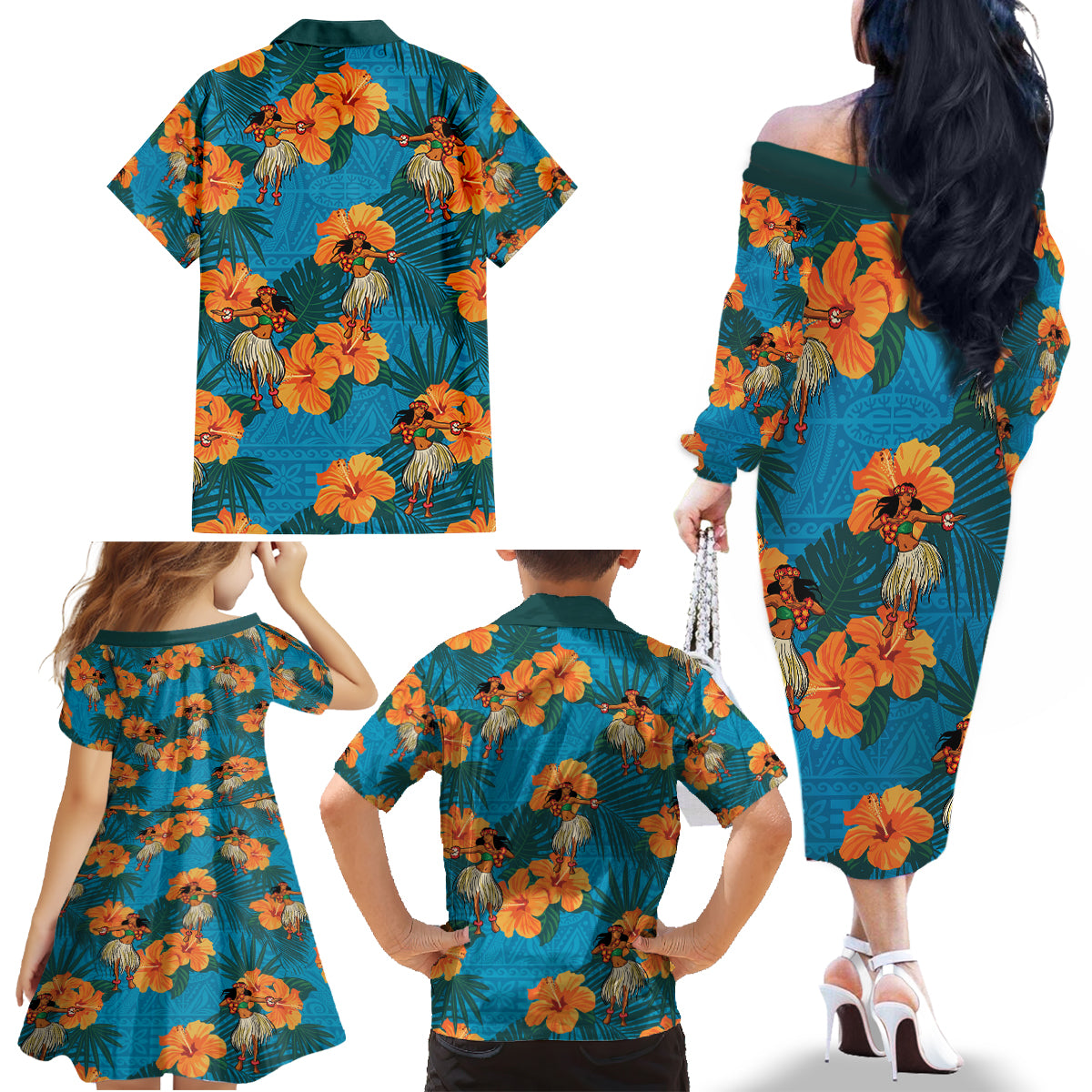Hawaii Luau Party Family Matching Off Shoulder Long Sleeve Dress and Hawaiian Shirt Dancing Girl Tropical Flowers LT14 - Polynesian Pride