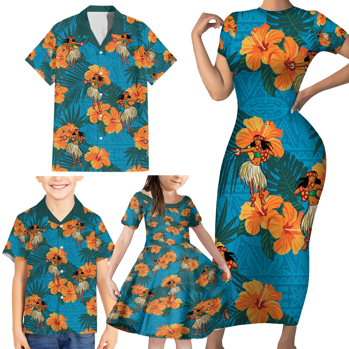 dress hawaiian party Hawaii Luau Party Family Matching Short Sleeve Bodycon Dress and Hawaiian Shirt Dancing Girl Tropical Flowers