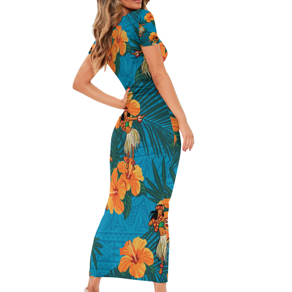 Hawaii Luau Party Family Matching Short Sleeve Bodycon Dress and Hawai