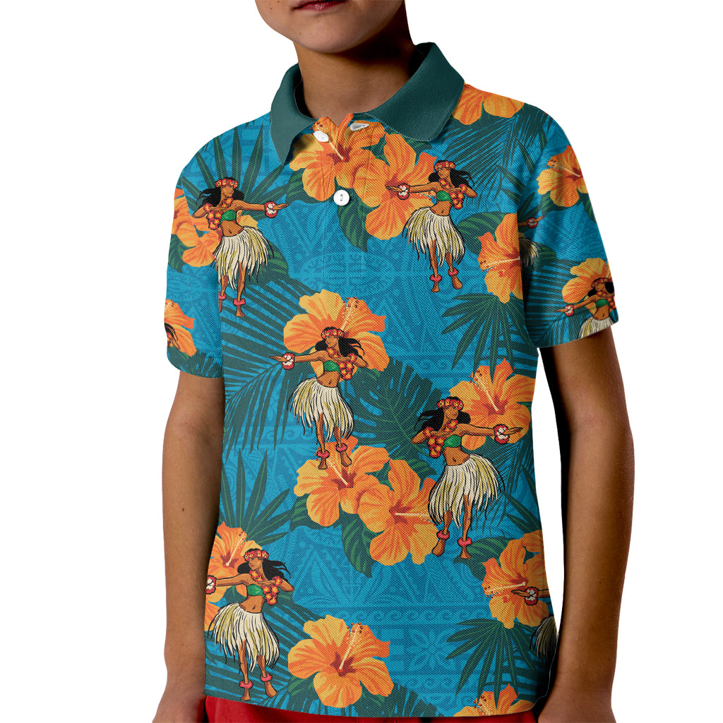 Hawaii Luau Party Kid Polo Shirt Dancing Girl Tropical Flowers LT14 Kid Blue - Polynesian Pride