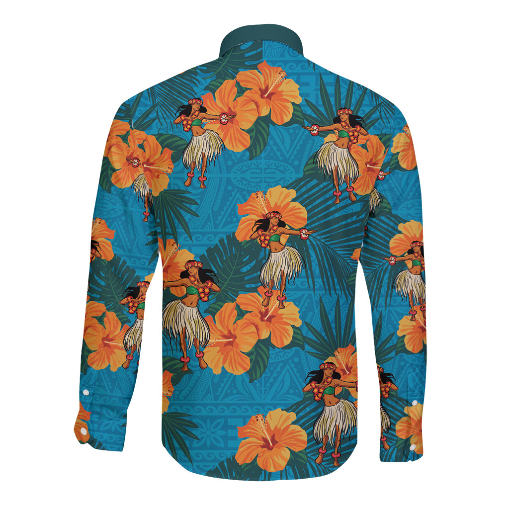 Hawaii Luau Party Long Sleeve Button Shirt Dancing Girl Tropical Flowers LT14 - Polynesian Pride