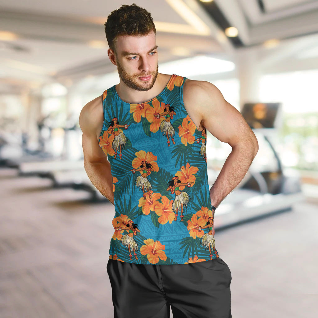 Hawaii Luau Party Men Tank Top Dancing Girl Tropical Flowers LT14 Blue - Polynesian Pride