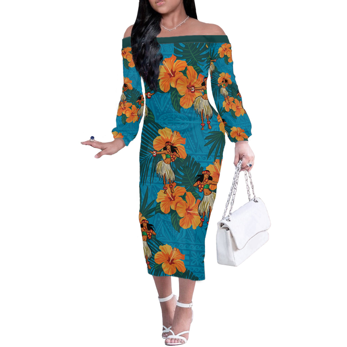 Hawaii Luau Party Off The Shoulder Long Sleeve Dress Dancing Girl Trop - Polynesian Pride Hawaii Luau Party Off The Shoulder Long Sleeve Dress Dancing Girl Trop - Polynesian Pride