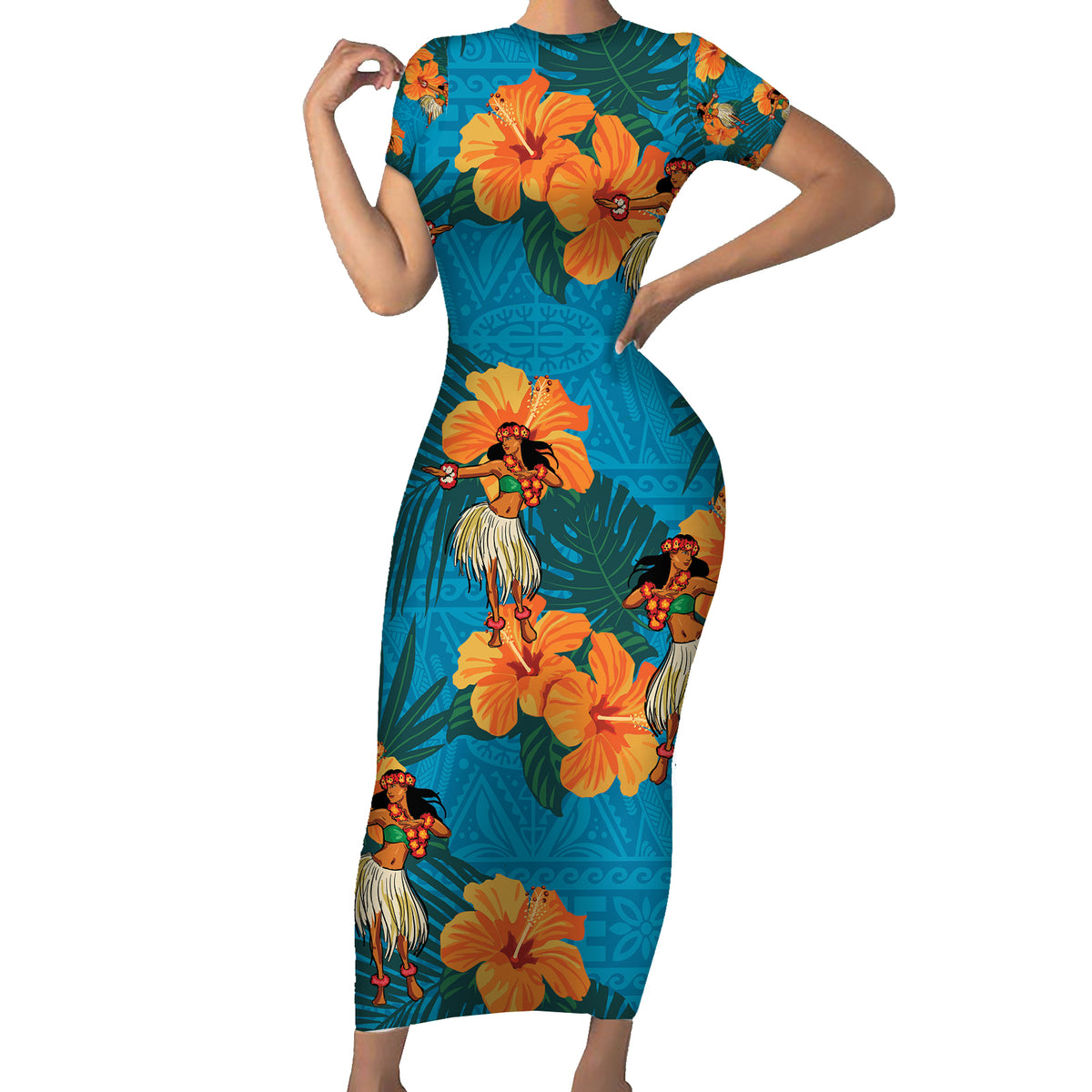 Hawaii Luau Party Short Sleeve Bodycon Dress Dancing Girl Tropical Flo - Polynesian Pride Hawaii Luau Party Short Sleeve Bodycon Dress Dancing Girl Tropical Flo - Polynesian Pride