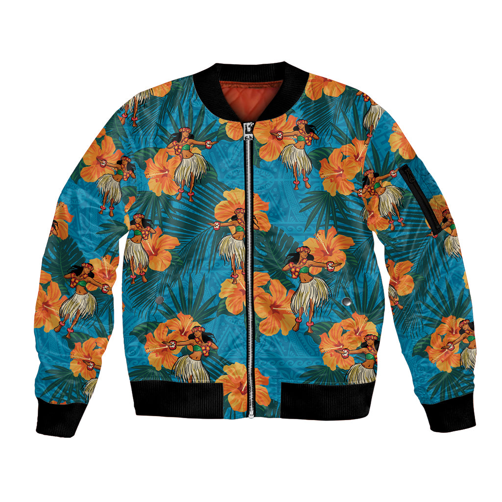 Hawaii Luau Party Sleeve Zip Bomber Jacket Dancing Girl Tropical Flowers LT14 Unisex Blue - Polynesian Pride