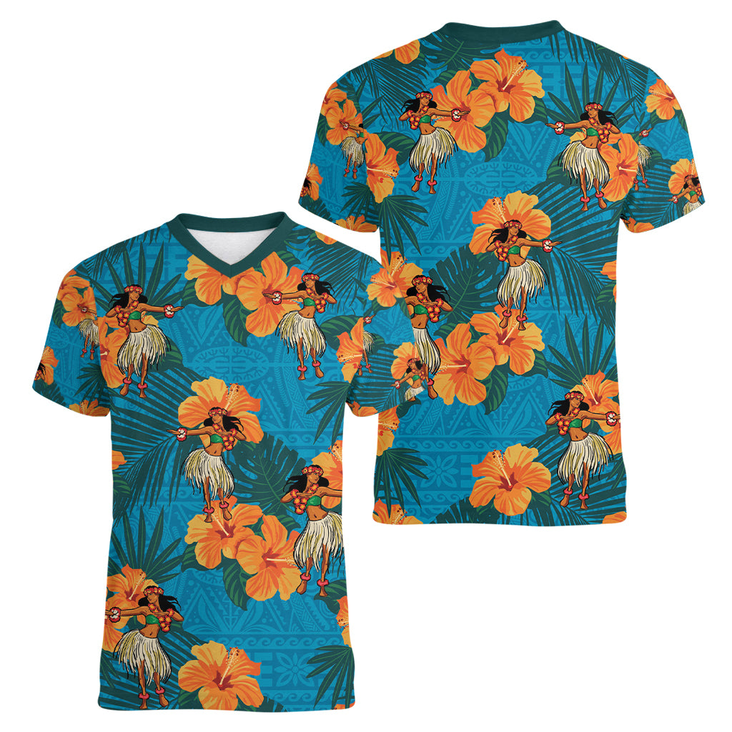 Hawaii Luau Party Women V Neck T Shirt Dancing Girl Tropical Flowers LT14 - Polynesian Pride