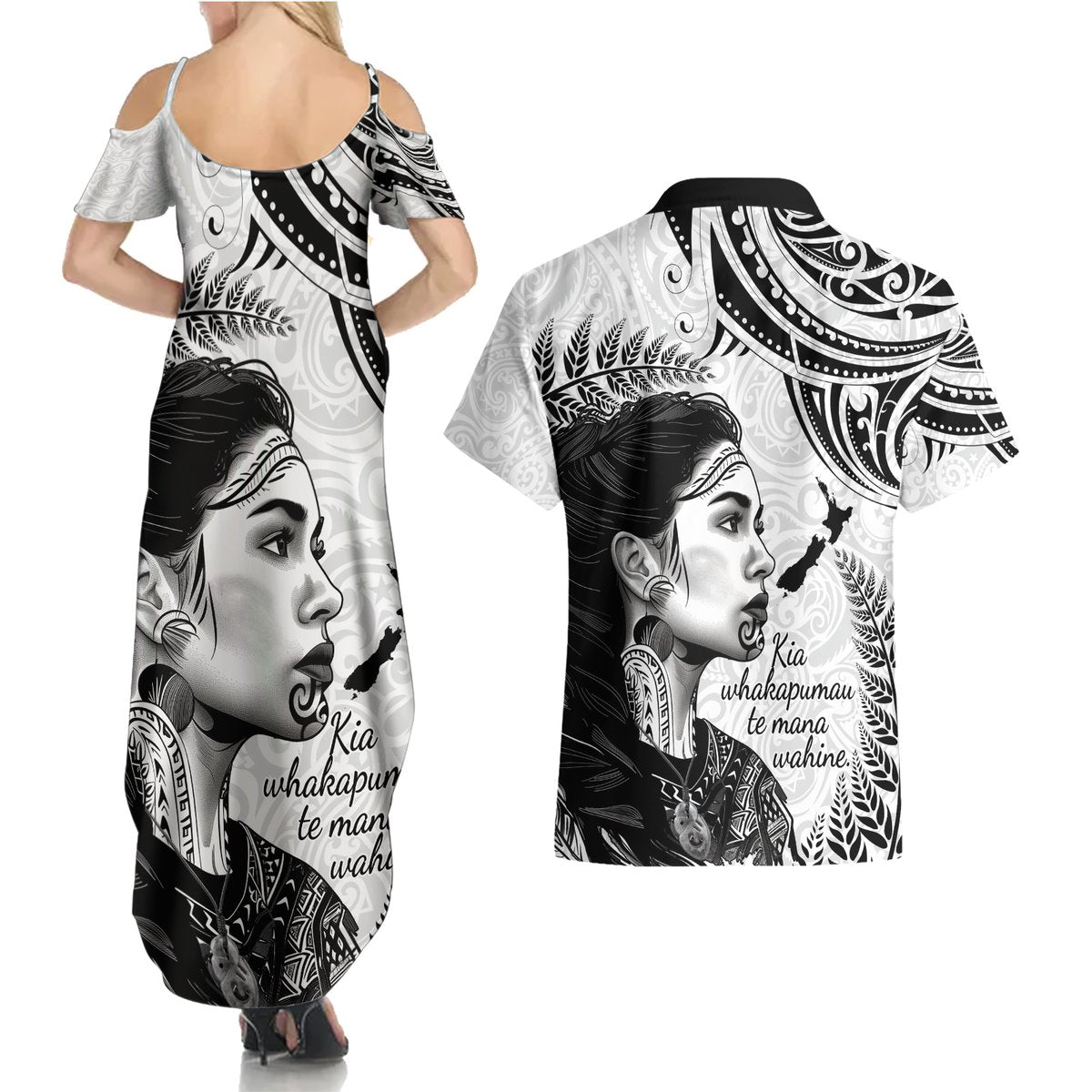 New Zealand Women's Day Couples Matching Summer Maxi Dress and Hawaiian Shirt Aotearoa Kia Whakapumau Te Mana Wahine LT14 - Polynesian Pride