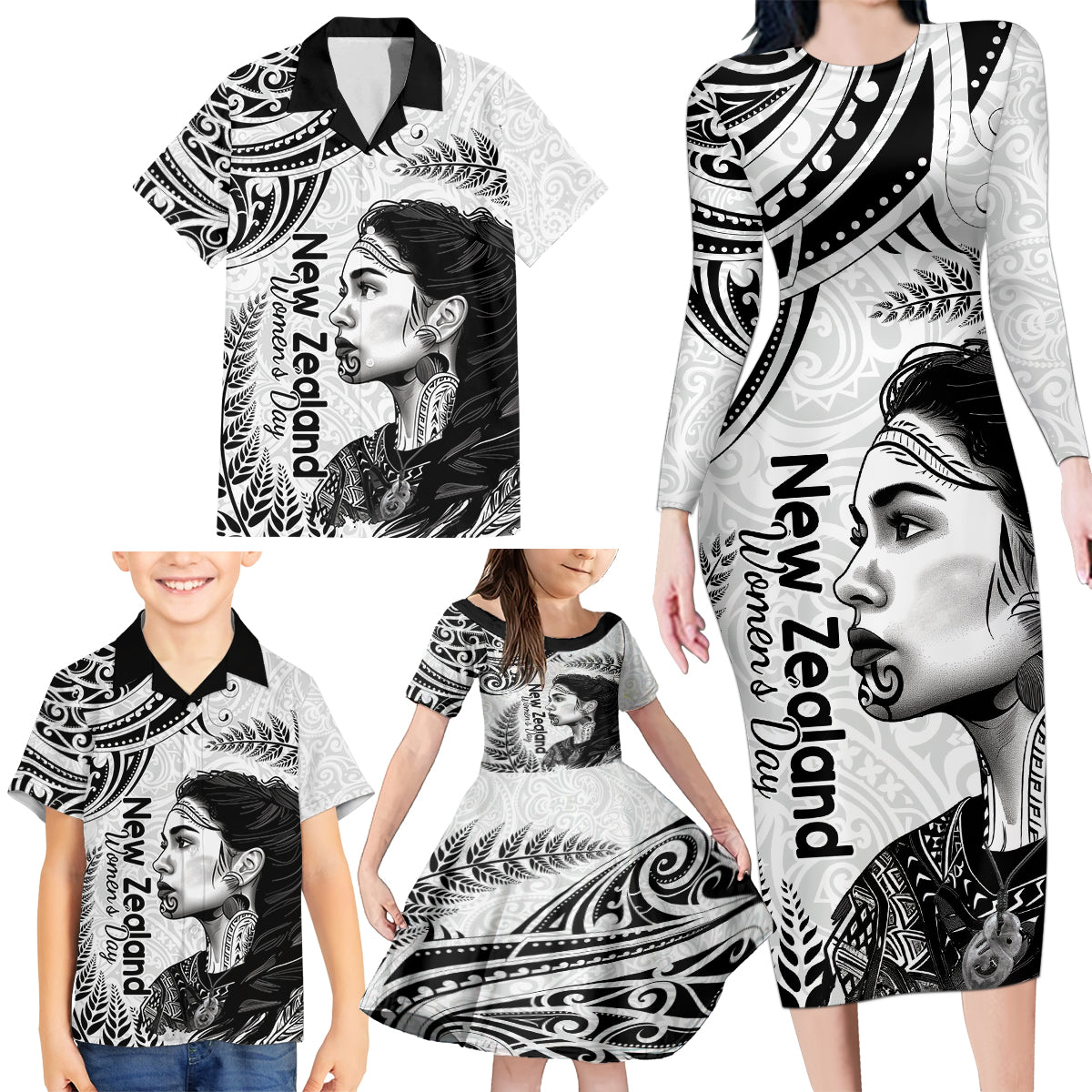 New Zealand Women's Day Family Matching Long Sleeve Bodycon Dress and Hawaiian Shirt Aotearoa Kia Whakapumau Te Mana Wahine LT14 - Polynesian Pride