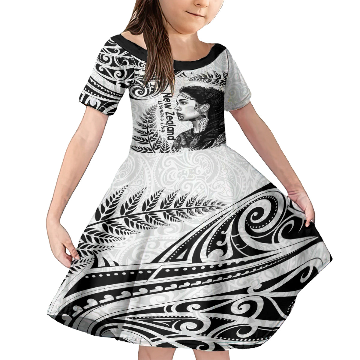 New Zealand Women's Day Family Matching Mermaid Dress and Hawaiian Shirt Aotearoa Kia Whakapumau Te Mana Wahine LT14 Daughter's Dress White - Polynesian Pride