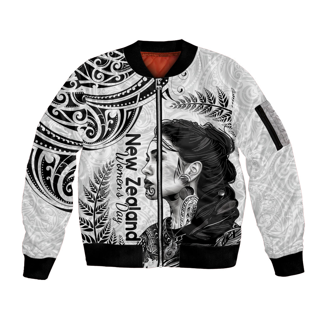 New Zealand Women's Day Sleeve Zip Bomber Jacket Aotearoa Kia Whakapumau Te Mana Wahine LT14 Unisex White - Polynesian Pride
