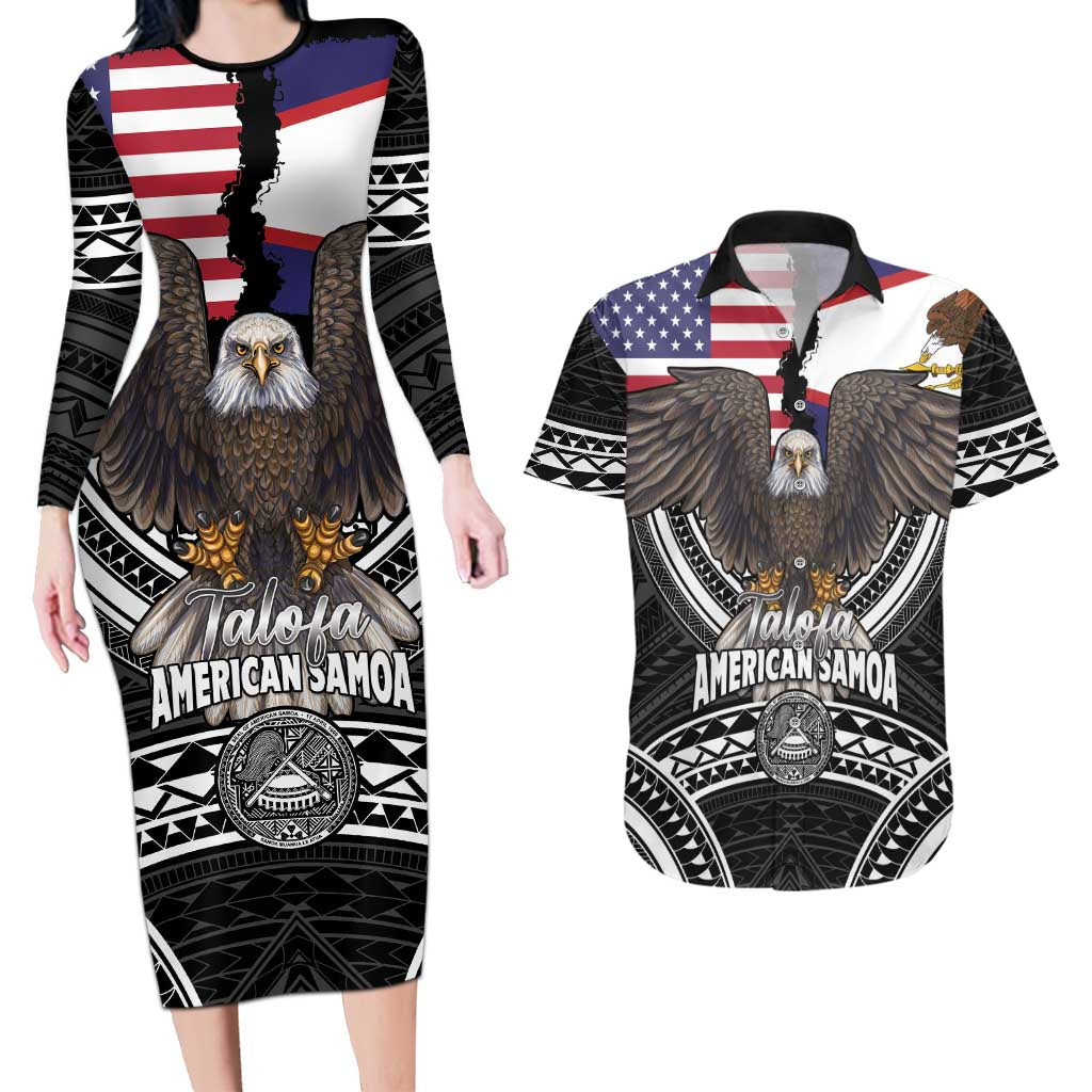 Talofa American Samoa Flag Day Couples Matching Long Sleeve Bodycon Dress and Hawaiian Shirt Bald Eagle Polynesian Tattoo LT14 Black - Polynesian Pride