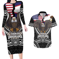 Talofa American Samoa Flag Day Couples Matching Long Sleeve Bodycon Dress and Hawaiian Shirt Bald Eagle Polynesian Tattoo