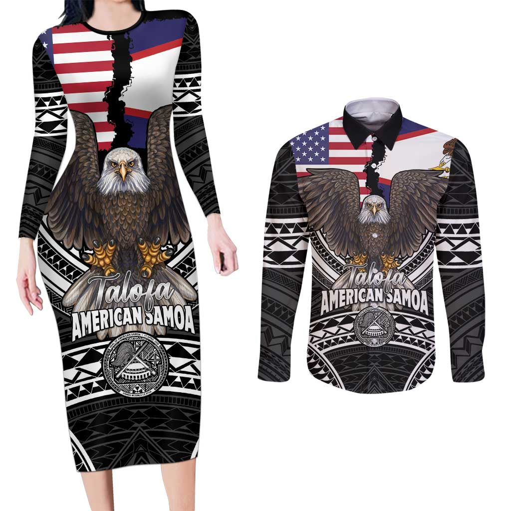 Talofa American Samoa Flag Day Couples Matching Long Sleeve Bodycon Dress and Long Sleeve Button Shirt Bald Eagle Polynesian Tattoo LT14 Black - Polynesian Pride