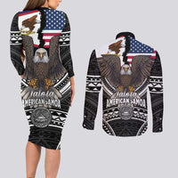Talofa American Samoa Flag Day Couples Matching Long Sleeve Bodycon Dress and Long Sleeve Button Shirt Bald Eagle Polynesian Tattoo LT14 - Polynesian Pride