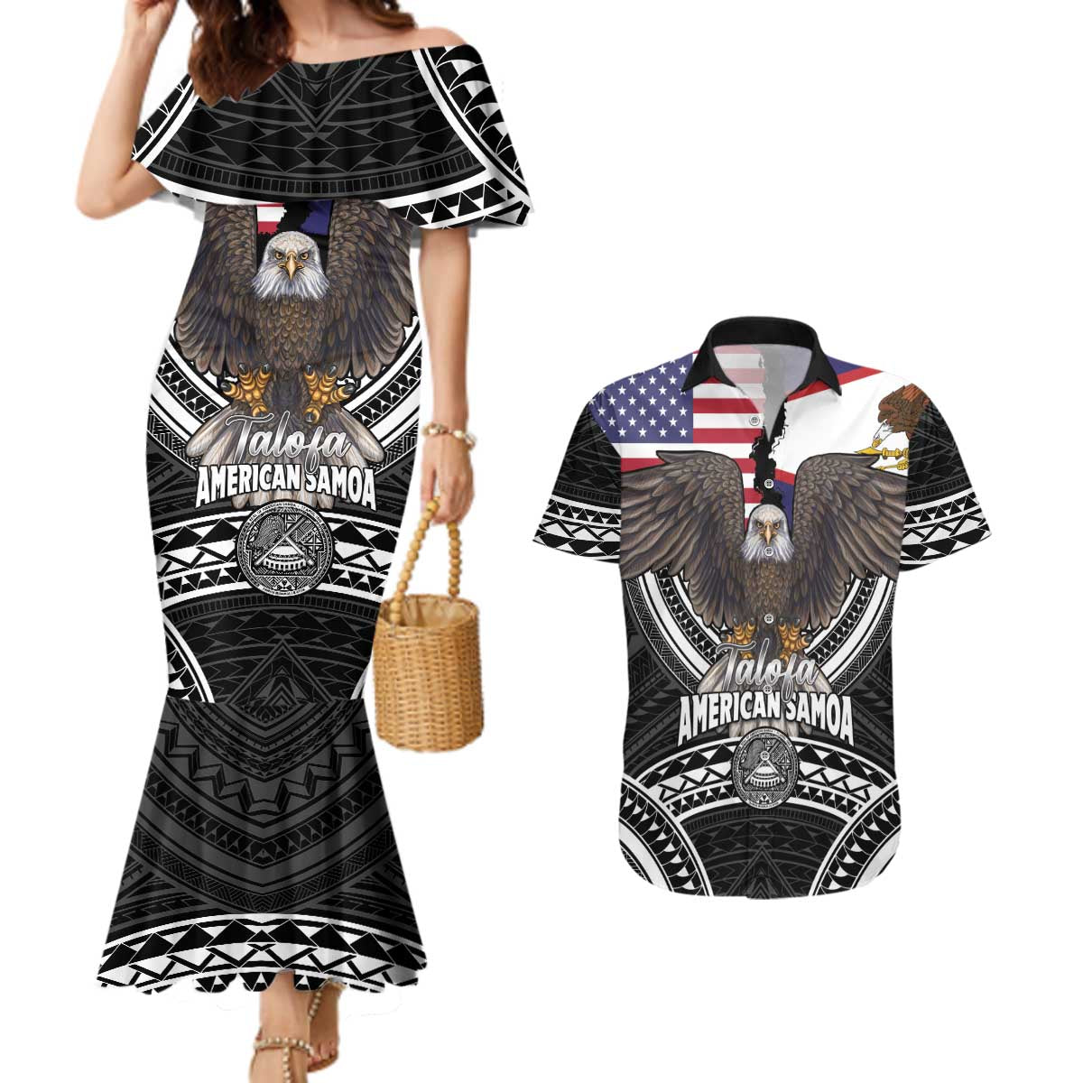 Talofa American Samoa Flag Day Couples Matching Mermaid Dress and Hawaiian Shirt Bald Eagle Polynesian Tattoo LT14 Black - Polynesian Pride
