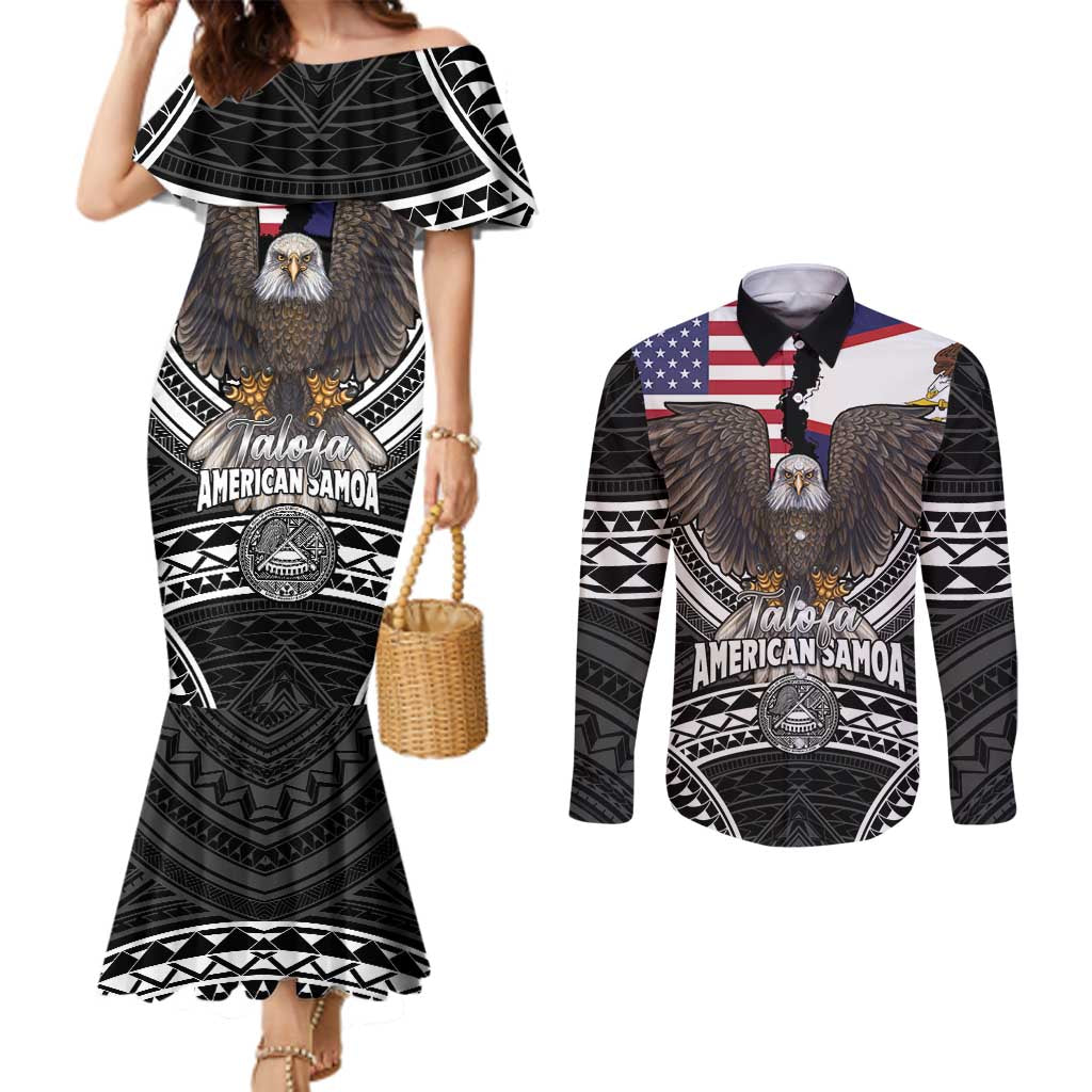 Talofa American Samoa Flag Day Couples Matching Mermaid Dress and Long Sleeve Button Shirt Bald Eagle Polynesian Tattoo LT14 Black - Polynesian Pride