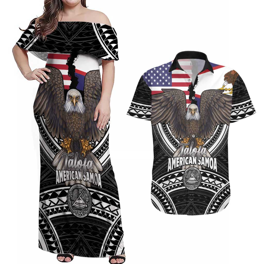Talofa American Samoa Flag Day Couples Matching Off Shoulder Maxi Dress and Hawaiian Shirt Bald Eagle Polynesian Tattoo LT14 Black - Polynesian Pride