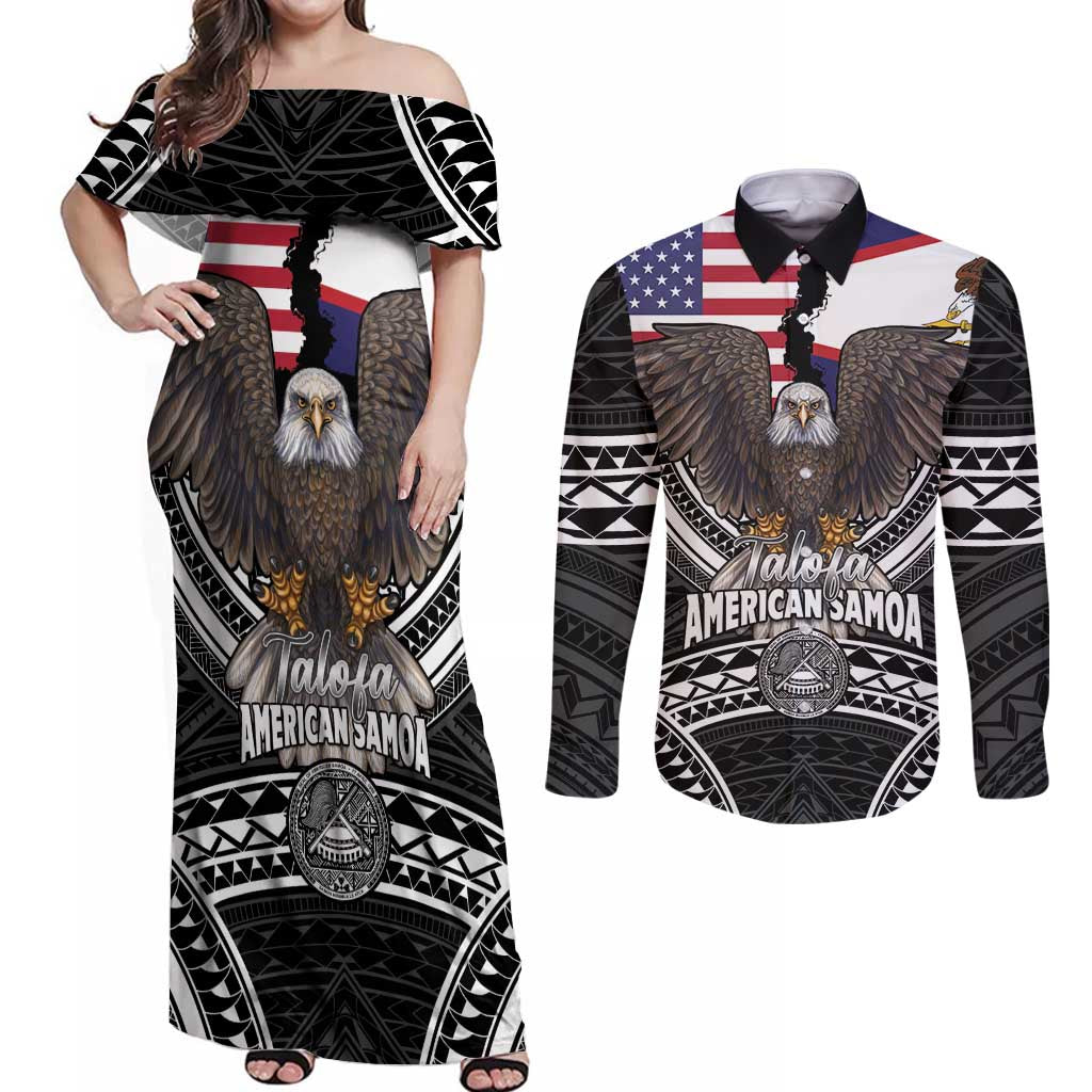 Talofa American Samoa Flag Day Couples Matching Off Shoulder Maxi Dress and Long Sleeve Button Shirt Bald Eagle Polynesian Tattoo LT14 Black - Polynesian Pride