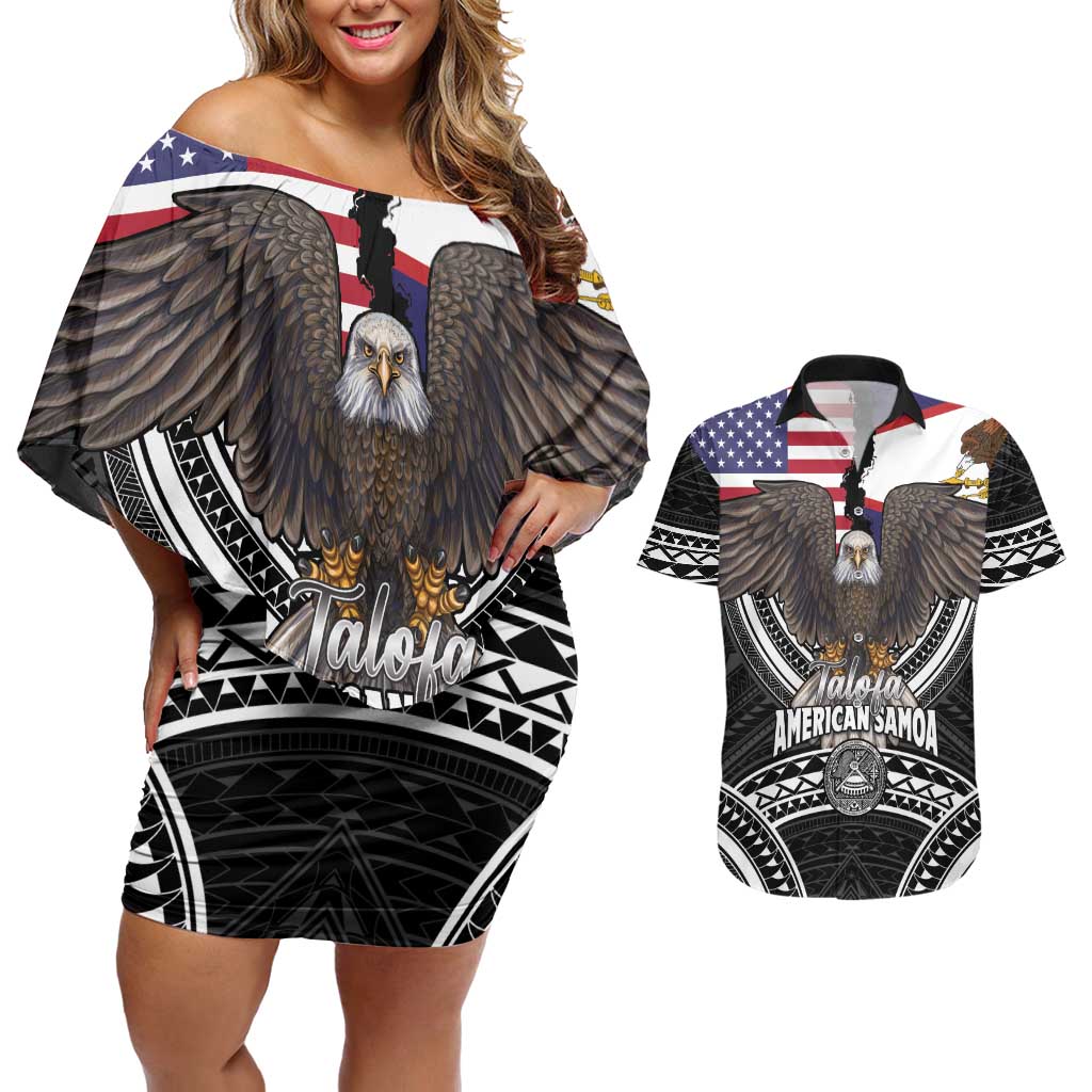 Talofa American Samoa Flag Day Couples Matching Off Shoulder Short Dress and Hawaiian Shirt Bald Eagle Polynesian Tattoo LT14 Black - Polynesian Pride