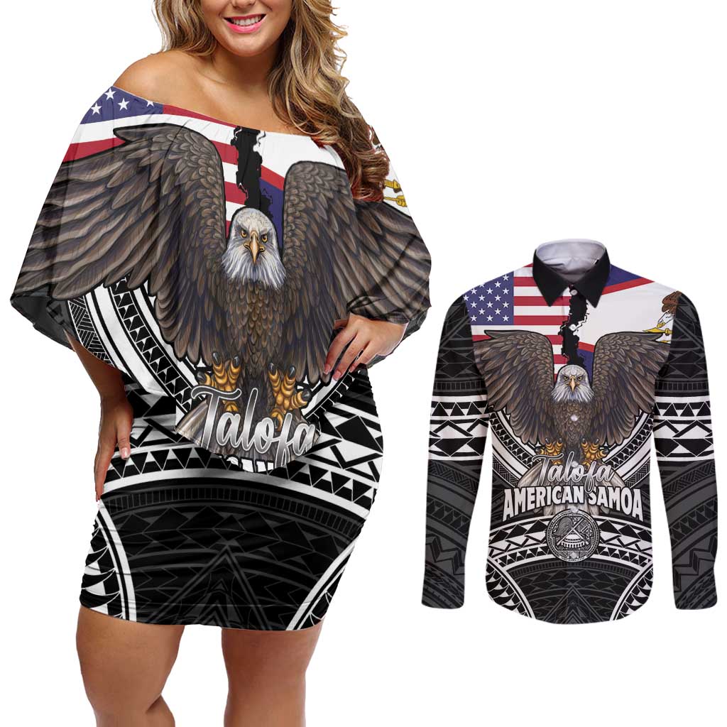 Talofa American Samoa Flag Day Couples Matching Off Shoulder Short Dress and Long Sleeve Button Shirt Bald Eagle Polynesian Tattoo LT14 Black - Polynesian Pride