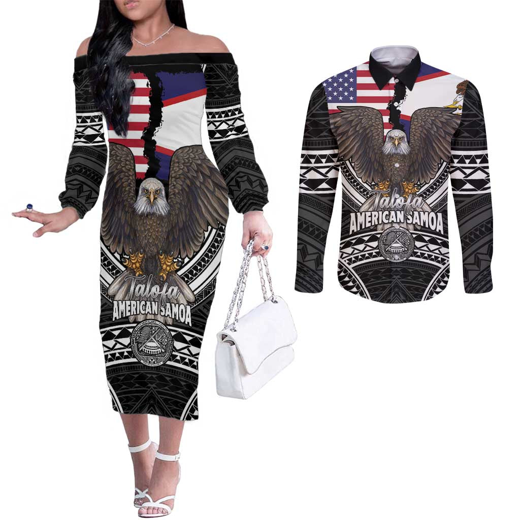 Talofa American Samoa Flag Day Couples Matching Off The Shoulder Long Sleeve Dress and Long Sleeve Button Shirt Bald Eagle Polynesian Tattoo LT14 Black - Polynesian Pride